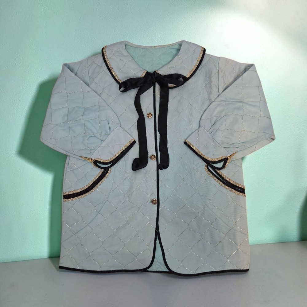 Vintage Light Blue Quilted Coat Kids Gold Trim Ribbon Bow Peter Pan Collar